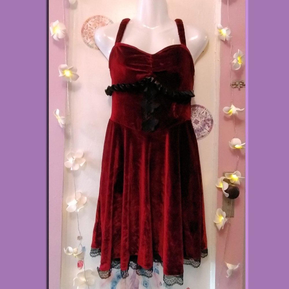 Rich Red Velvet (L) Lace Trim Dress With Butterfly Accents